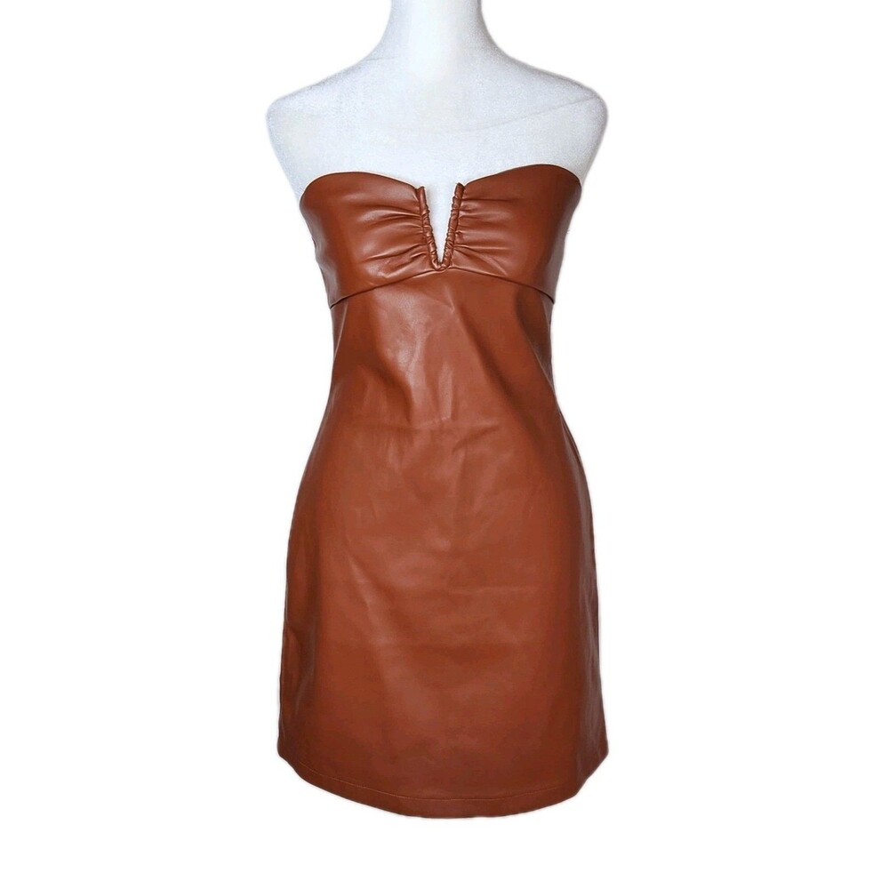 Kirious Los Angeles Brown Faux Leather Strapless Notch Mini Dress Small Y2K